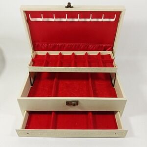 Vintage Mid Century Modern 3 Tier Ivory Jewelry Box Red Velvet 1960 MCM